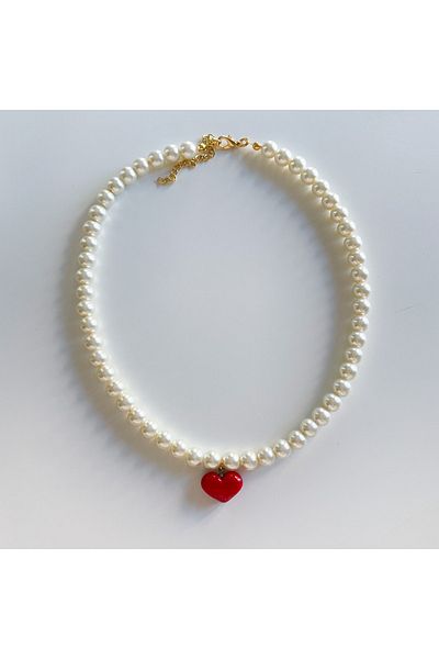 CHARMLUCKY Murano Red Heart Pearl Necklace