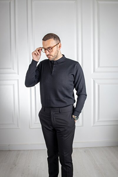 Sarar Polo Yaka Siyah Triko Kazak