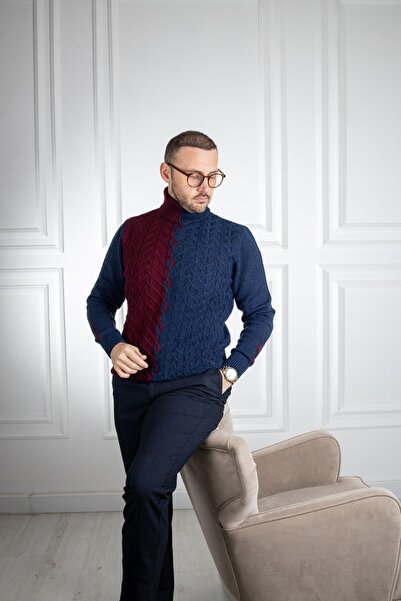 Sarar Інтерв'ю Tam Рибальський комір Бордо Синій трикотажний светр