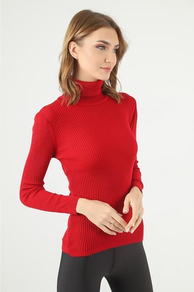 FATELLA Women's Thin Corded Long Sleeve Full Neck Fisherman Thin Knitwear Body Sweater