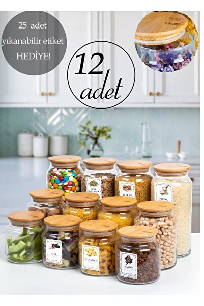 Kitchen Pembelia 12 Adet Etiketli Bambu Kapaklı Cam Vakumlu Bakliyat Kabı Bak...