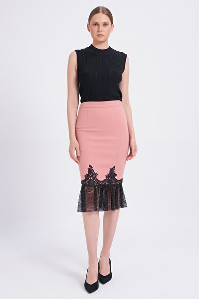Balizza Dantel Ve Güpür Detaylı Diz Altı Etek