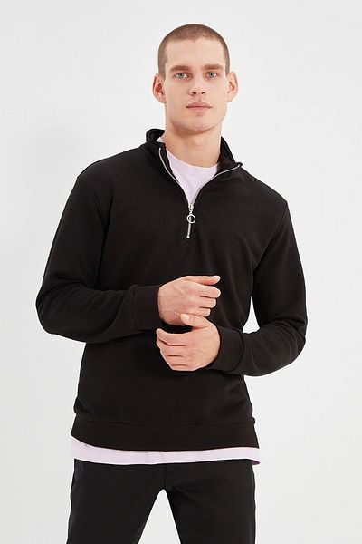 Trendyol Collection Μαύρο κανονικό/κανονικό κομμένο φερμουάρ γιακά με λεπτομέρεια Basic βαμβακερό φούτερ χωρίς ανάγλυφο TMNAW22SW0188