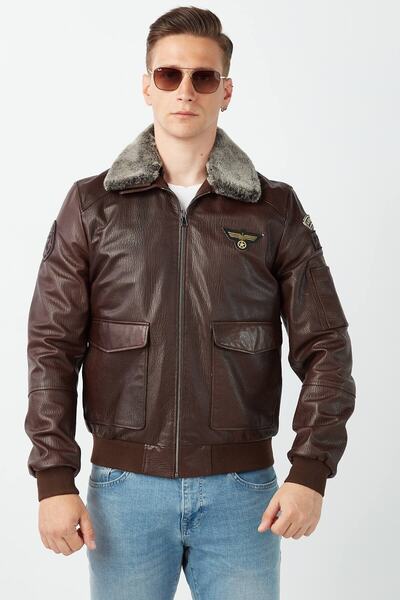 Deriza Embroidered Genuine Leather Men's Brown Pilot Style Coat
