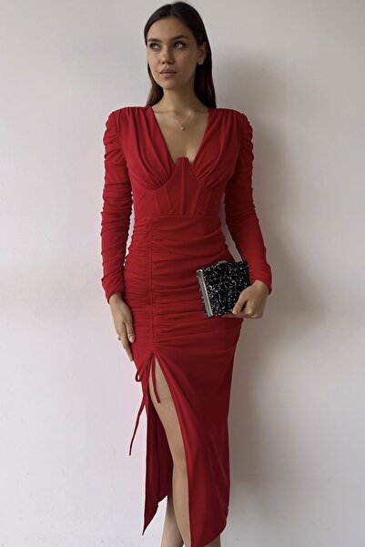 bayansepeti Women's Red Crepe Fabric Slit and Drape Detailed Lined V-Neck Lon...