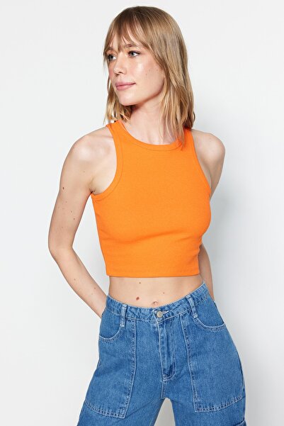 Trendyol Collection Narancssárga illesztett/fitted Crop kötőfék gallér bordázott, rugalmas kötött felső TWOSS21AL0050