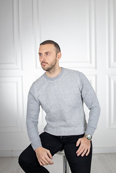 Sarar Interview O Neck Patterned Gray Knitwear Sweater