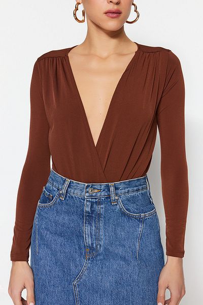 Trendyol Collection Brown Double Breasted Collar Stretch Snap Knitted Body TWOAW20BD0035