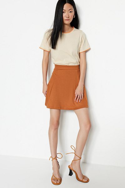 Trendyol Collection Cinnamon Waist Open/Skater Κανονική μέση Μίνι Stretch Πλεκτή Φούστα TWOSS19ST0117