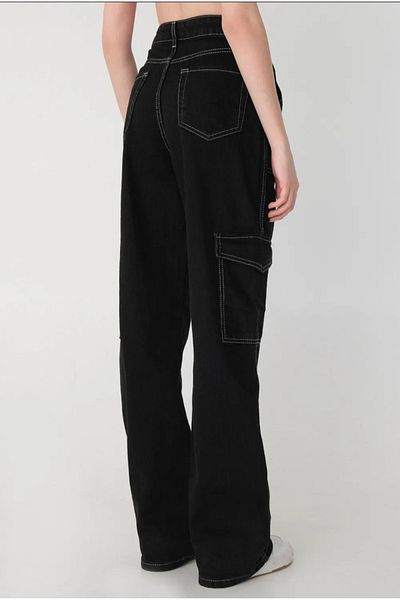 LAMİRA Women's Wide Leg Black Cargo Pocket Denim Pants Jean Black