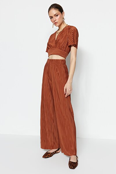 Trendyol Kollektion Limited Edition braune, plissierte, locker sitzende, hoch...