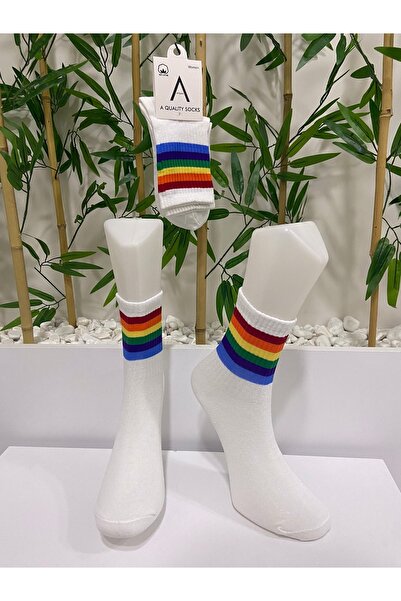 AyganStore Unisex Kolej Gökkuşağı Beyaz 1 Çift Çorap