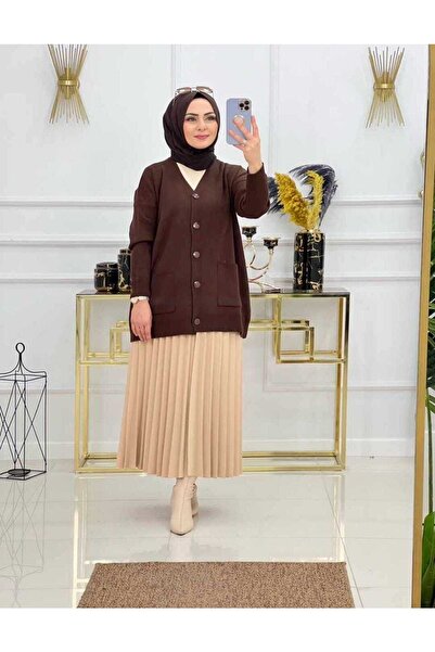 MODAMÜNASİP Πλεκτή ζακέτα μπροστινή τσέπη με κουμπιά