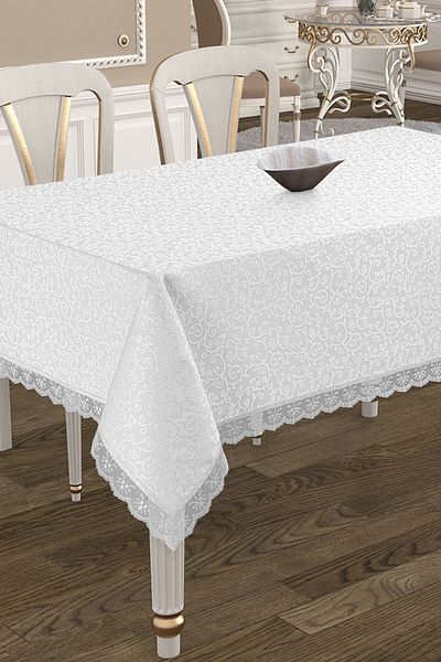 Çt Çeyizci Tekstil Față de masă cu dantelă franceză rezistentă la pete 160x220cm - Alb