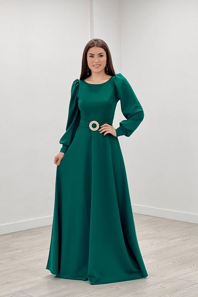 giyimmasalı Crepe Fabric Belt Detailed Evening Dress - Emerald Green