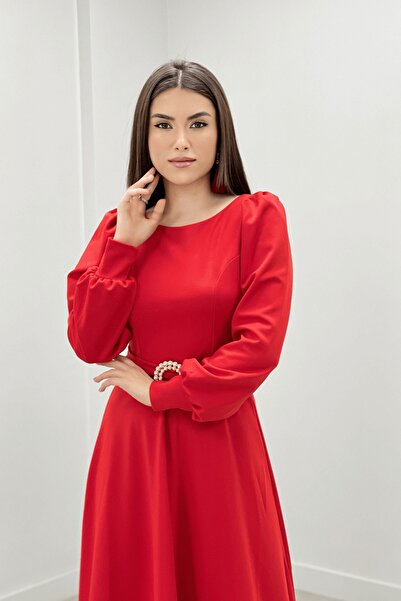 giyimmasalı Krep Kumaş Kemer Detaylı Abiye Elbise - Kırmızı