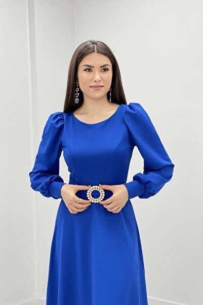 giyimmasalı Krep Kumaş Kemer Detaylı Abiye Elbise - Saks Mavi