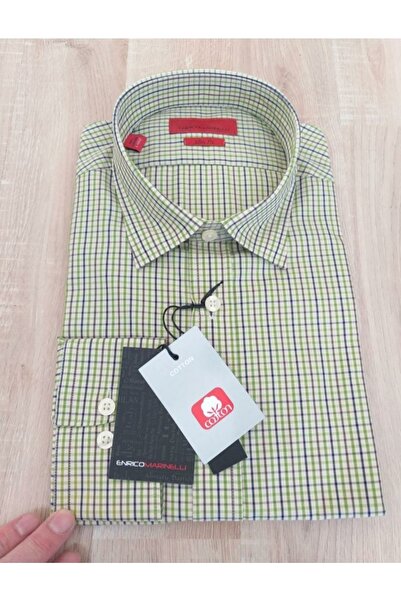 enrico marinelli Slim Fit Pamuklu Yeşil Ekose Gömlek