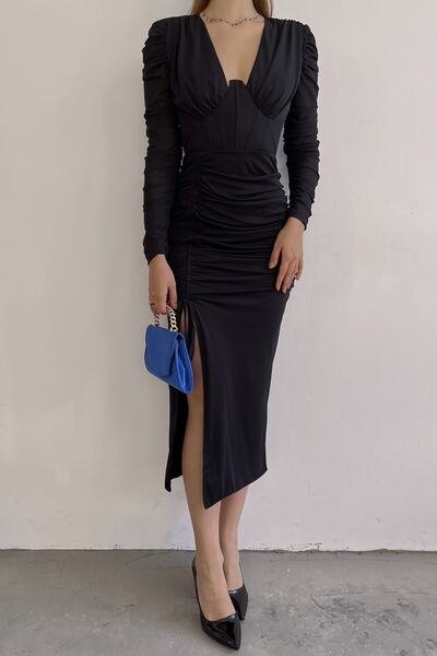 bayansepeti Rochie midi cu mânecă lungă, cu decolteu în V, cu fante și draperie din țesătură creponată neagră 150