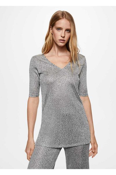 MANGO Woman Elastic V-Neck T-Shirt