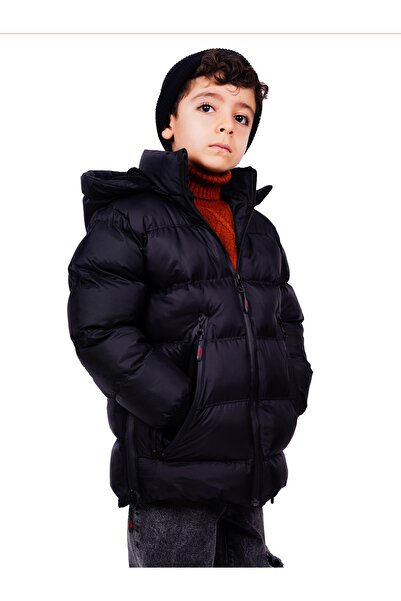 FREE ARSLAN COLLECTİON Erkek Çocuk Mont Kürklü Peluş Astarlı Sabit Kapüşonlu Siyah Mont