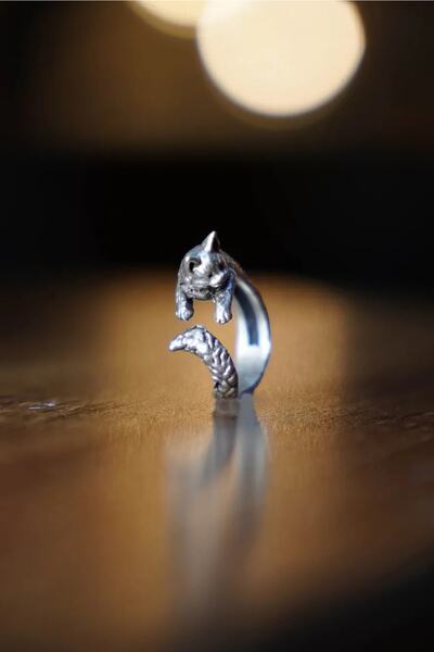 The Collection Antik Gümüş Kaplama Sarılan Kedi Şekilli Ayarlanabilir Yüzük