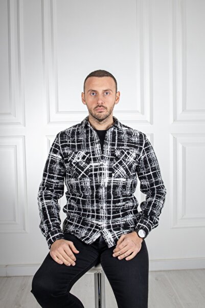 Sarar Interview Çift Cep Slim Fit Ekoseli Siyah Oduncu Ceket Gömlek