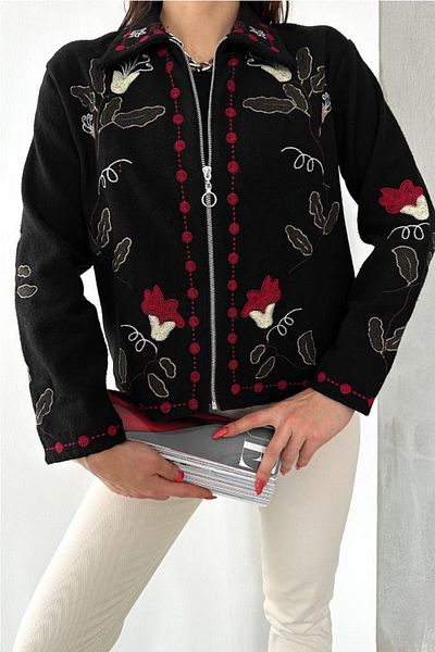 FEMELLE Jachetă vintage de damă cu broderie neagră