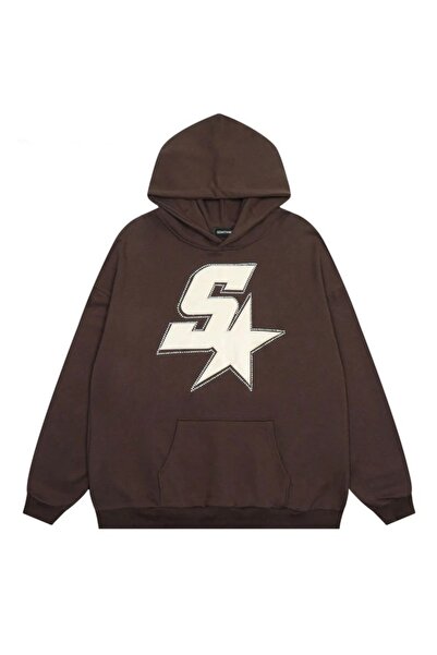 Benisengiydir Unisex Brown Star Printed Oversize Hooded Sweatshirt