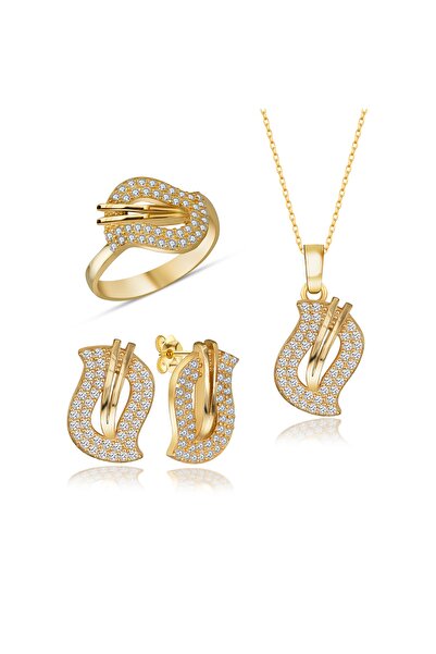 Molenga Gümüş Baget Taşlı Kolye Küpe Yüzük Takı Seti