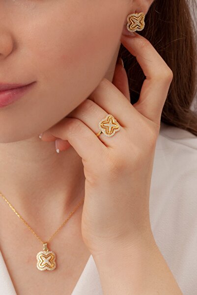 Molenga Kadın Gümüş Takı Seti Yonca Model