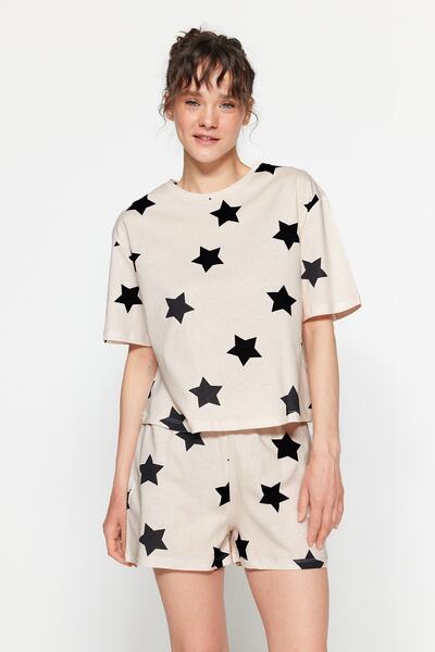 Trendyol Collection Σετ πιτζάμες με ανοιχτό ροζ βαμβακερό σχέδιο με αστέρια - THMSS22PT0501