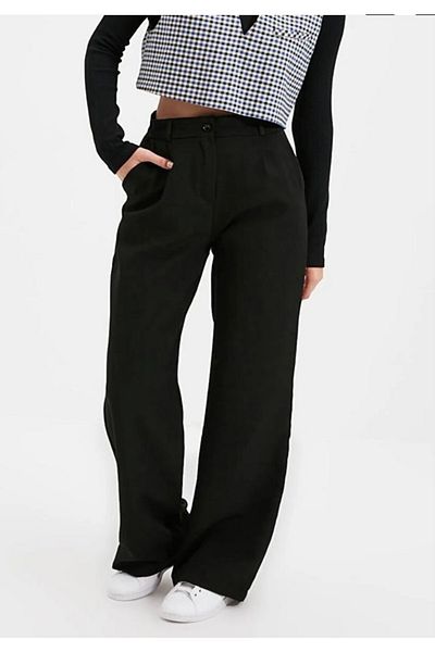 LAMİRA High Waist Wide Leg Fabric Trousers - Black