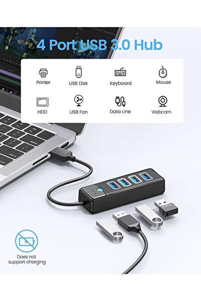 Orico Usb3.0 4 Portlu 5gbps Çoklu Usb Bağlantı Noktası Çoklayıcı Hub, 1m, Siyah, Pw4u-u3-10-bk