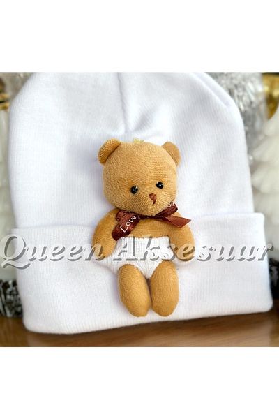QUEEN AKSESUAR Trend Fashion Special Design with Large Plush Teddy Bear Adult Boy Girl Unisex Children's Cap White Hat