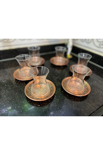 DMT COPPER HOME Gaziantep Copper Tea Plate Hand Embroidered 6 Pieces 1st Class Special Copper