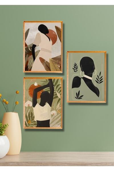 NT Handmade 3 Parça Ahşap Çerçeve Görünümlü Afro-tropic - Salon Yatak Odası M...