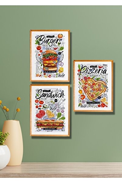 NT Handmade 3 Parça Ahşap Çerçeve Görünümlü Cafe-food - Salon Yatak Odası Mut...