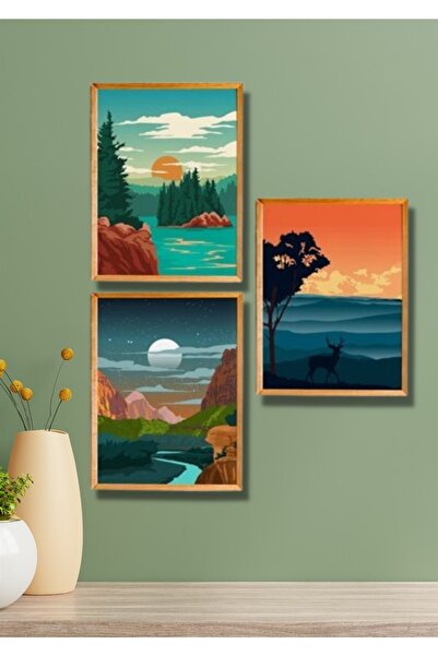 NT Handmade 3 Parça Ahşap Çerçeve Görünümlü National Parks-zion - Salon Yatak...