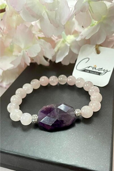 CRAZY TAKI TASARIM Hakiki Pembe Kuvars & Ametist Doğaltaş Kadın Bileklik