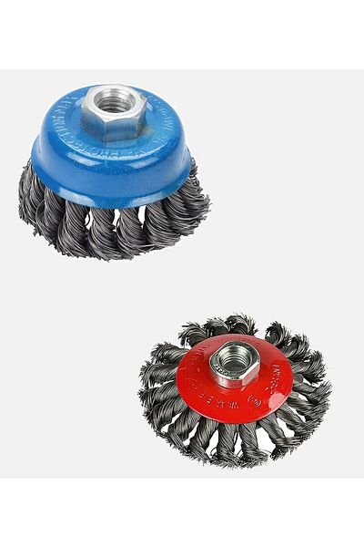 Depolife For Angle Grinder (M14) Braided Steel Wire Brush Set Twisted Conical And Cylinder 2 Pieces