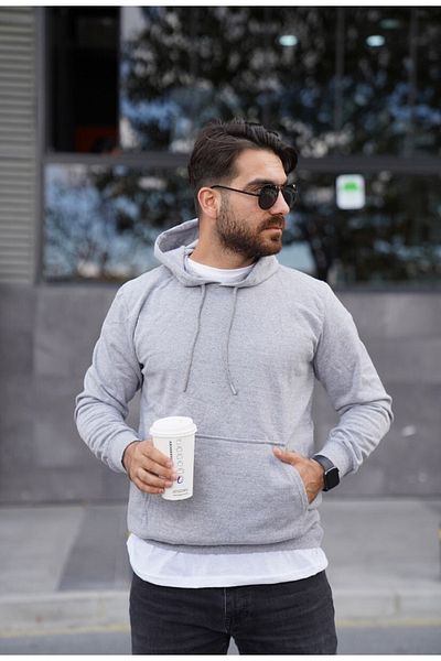 FATELLA Unisex Kangaroo Pocket Front Closed Crew Neck Hooded Basic Sweatshirt