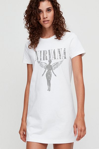 ROCKANDROLL Rochie tricou damă Melek Nirvana, albă, cu mânecă scurtă din bumbac pieptănat