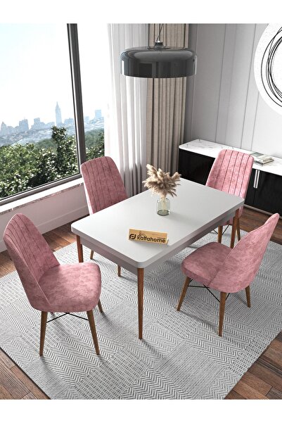 Kaffahome Fixed Serisi Beyaz 70x110 Sabit Masa Yemek Masası Mutfak Masası Masa Takımı 4 Pembe Sandalyeli