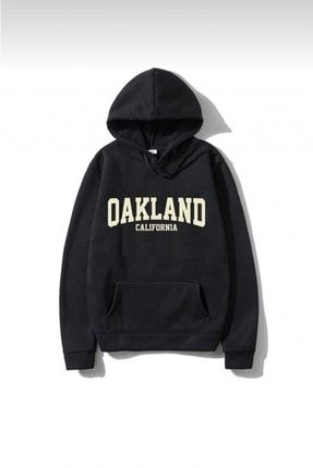 V BES Unisex Siyah Oakland Bask l Oversize Sweatshirt Hoodie