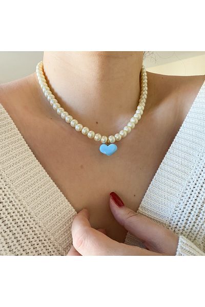 CHARMLUCKY Murano Blue Heart Pearl Necklace