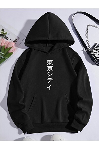 NEW MODA Hanorac oversize unisex cu imprimeu japonez negru