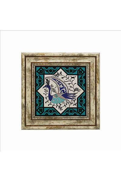 Sadrazam Pictură din piatră naturală imprimată cu stele selgiucice anatolice cu figură de păun 25 cmx25 cm kd-029