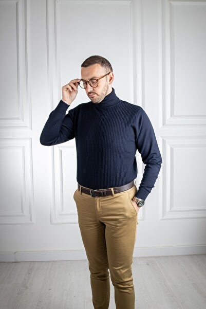 Sarar Повний рибальський комір, темно-синій трикотажний светр