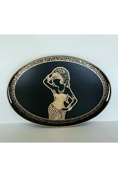 Panoramas Home Black Esmeralda Pattern Oval Large Serving Tea Presentation Tray